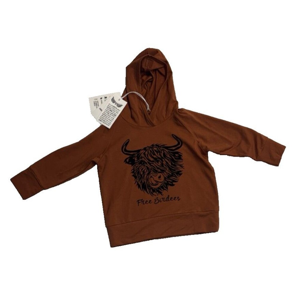 NWT Free Birdees Highland Cow Hoodie Kids Bamboo Size 5 Pullover Sweatshirt Fall